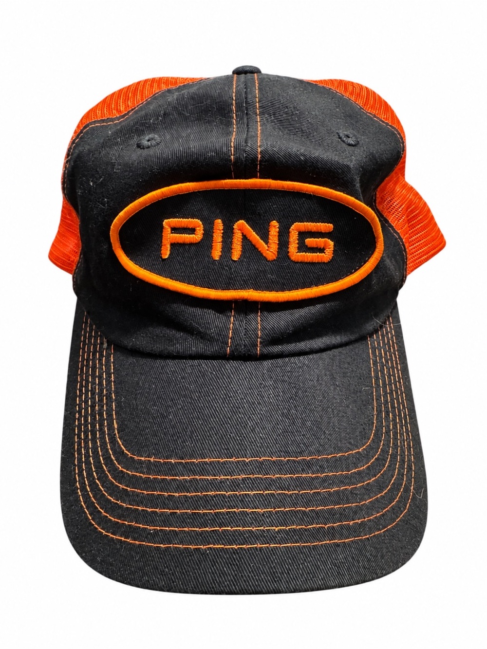 PING Golf Hat Black Orange Trucker Mesh Adjustable Strapback 100% Cotton